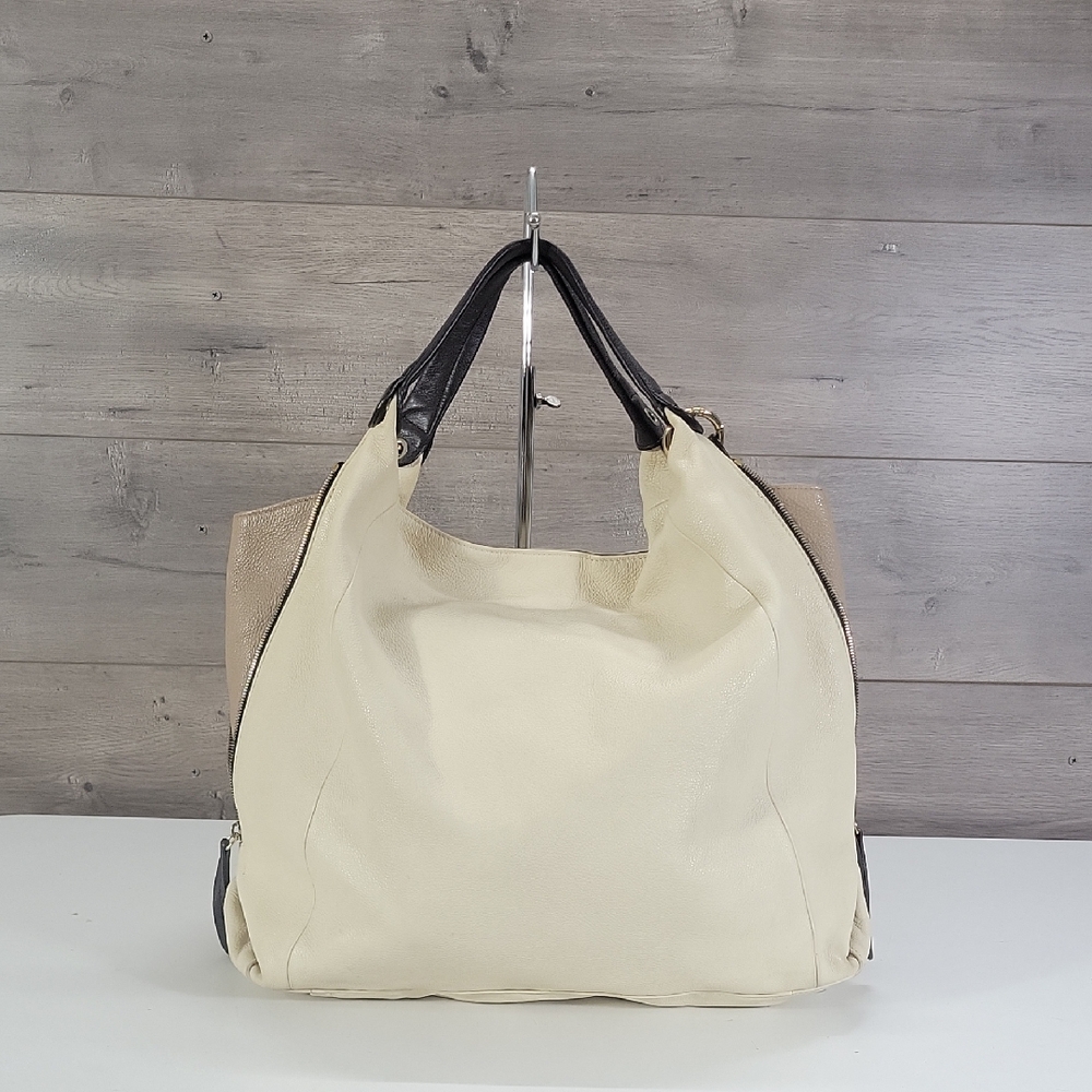 Large Furla Cream and Brown Leather Hobo Tote Crossbody Bag
